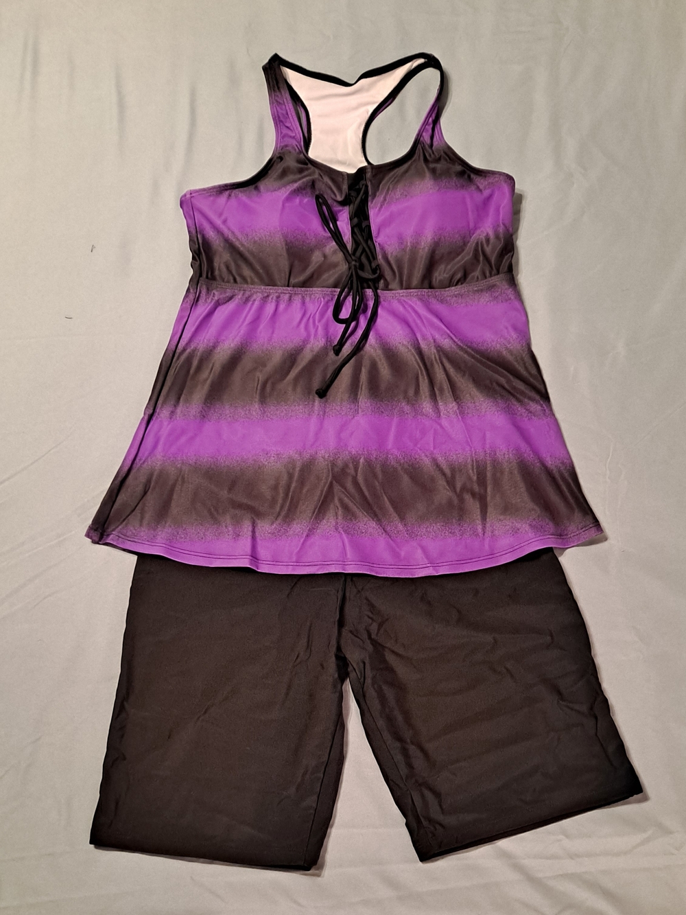 Purple Striped Racerback Tankini Top and Black Swim Shorts Set Size XL